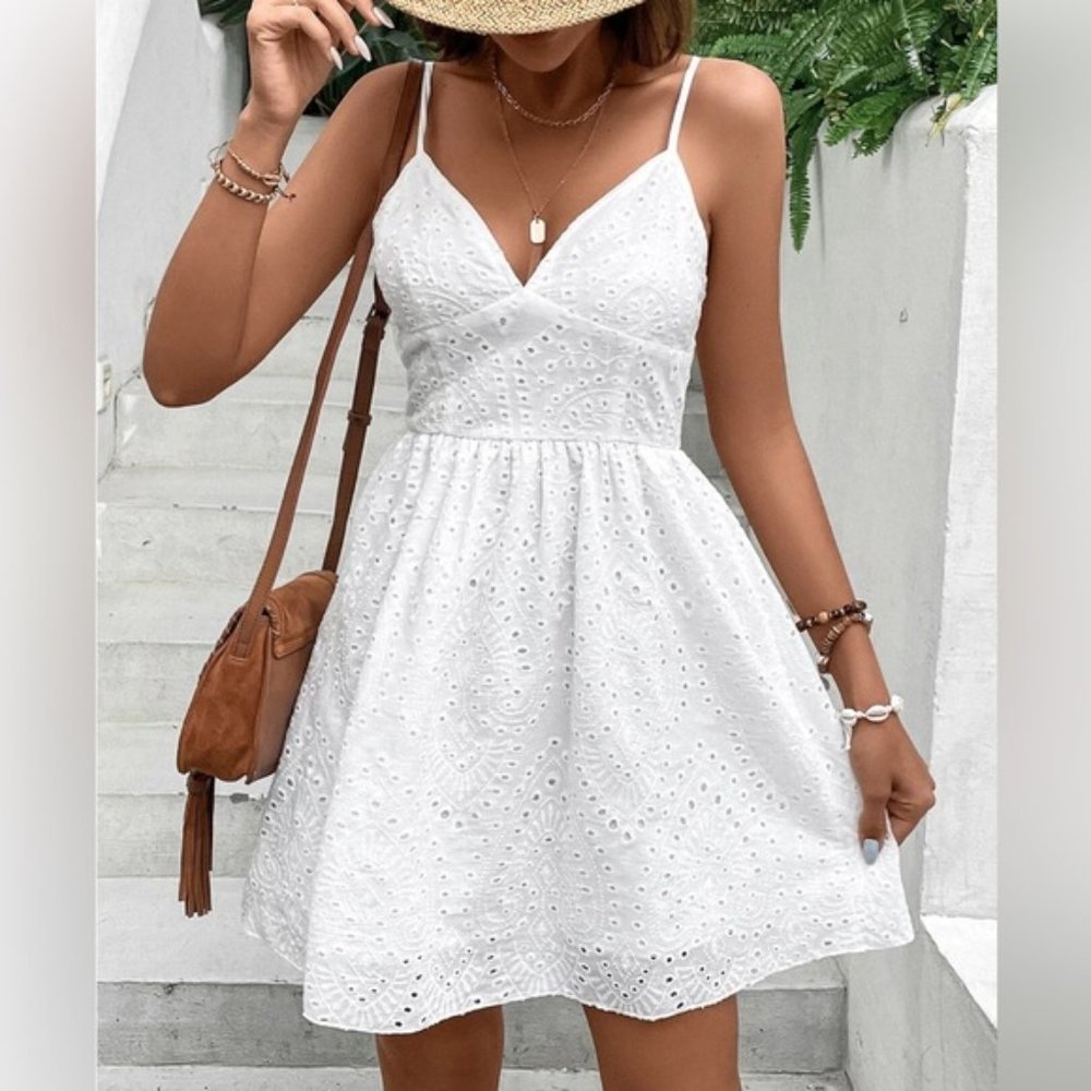White Eyelet Embroidery Cami Dress - Picture 2 of 6